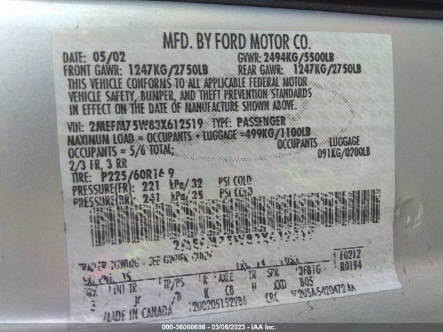 2003 MERCURY GRAND MARQUIS LS VIN: 2MEFM75W83X612519