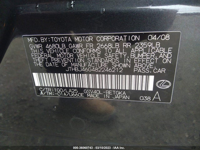 JTHBJ46G482246212 Lexus ES 350