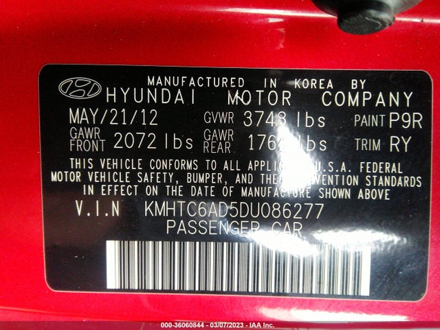 2013 HYUNDAI VELOSTER W/BLACK INT VIN: KMHTC6AD5DU086277