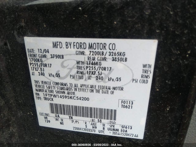 2005 FORD F-150 XLT/FX4/LARIAT/KING RANCH VIN: 1FTPW14595KC54200