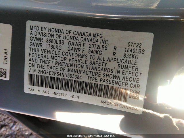 2022 HONDA CIVIC SEDAN SPORT VIN: 2HGFE2F54NH595384