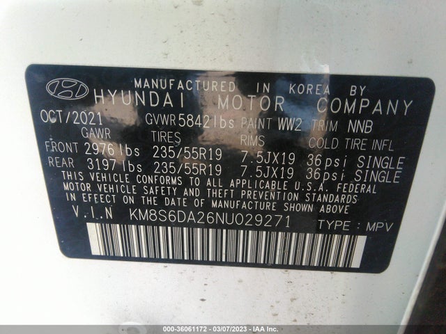 2022 Hyundai Santa Fe, VIN: KM8S6DA26NU029271