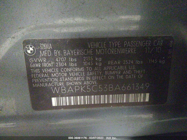 2011 BMW 3 SERIES 328I XDRIVE VIN: WBAPK5C53BA661349