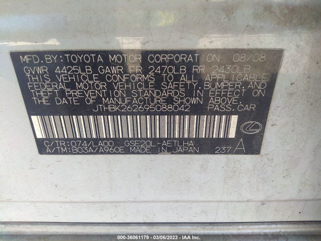 2009 LEXUS IS 250 VIN: JTHBK262695088042