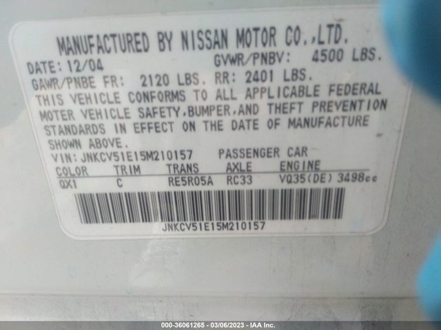 2005 INFINITI G35 SEDAN VIN: JNKCV51E15M210157
