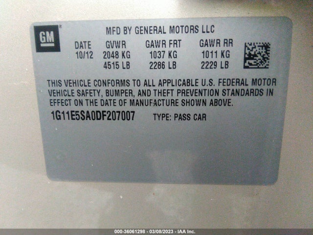 2013 CHEVROLET MALIBU LT VIN: 1G11E5SA0DF207007