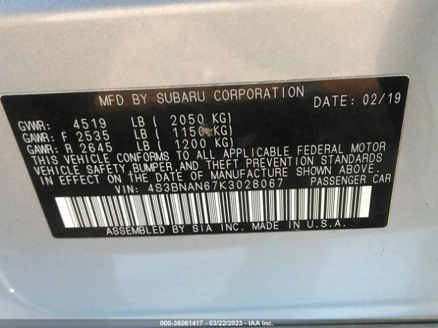4S3BNAN67K3028067 Subaru Legacy Limited