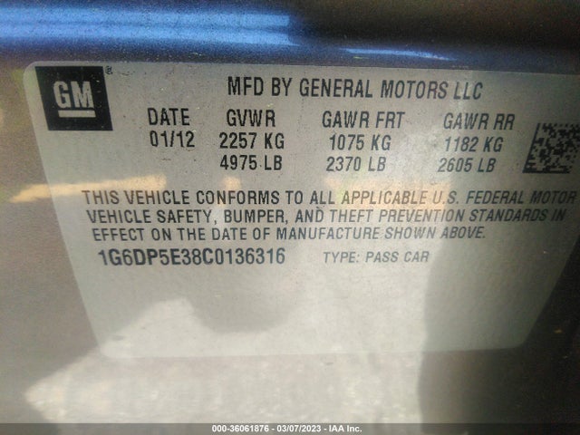 2012 CADILLAC CTS SEDAN PREMIUM VIN: 1G6DP5E38C0136316