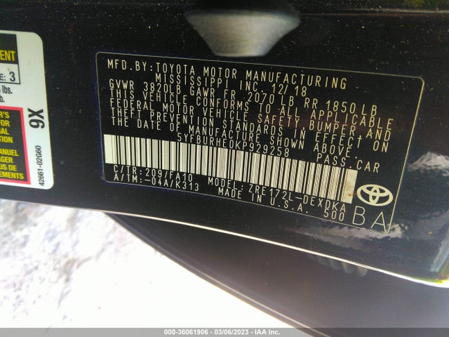 2019 Toyota Corolla, VIN: 5YFBURHE0KP929258