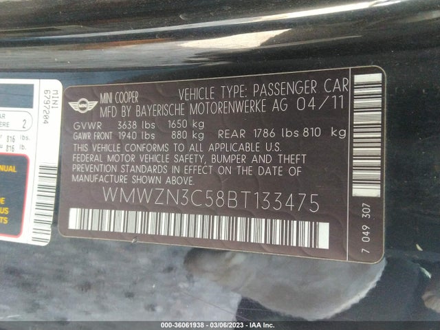 Mini COOPER CONVERTIBLE 2011 WMWZN3C58BT133475 Image 9