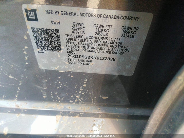 2019 CHEVROLET IMPALA PREMIER VIN: 2G1105S3XK9132838