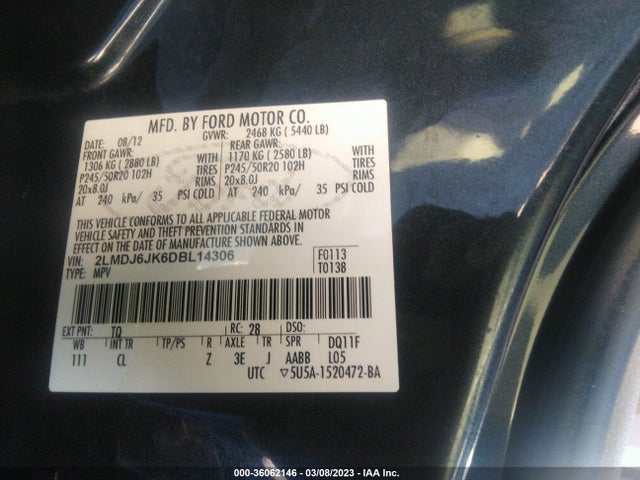 2013 LINCOLN MKX VIN: 2LMDJ6JK6DBL14306