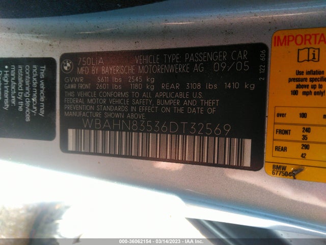 2006 BMW 7 SERIES 750LI VIN: WBAHN83536DT32569