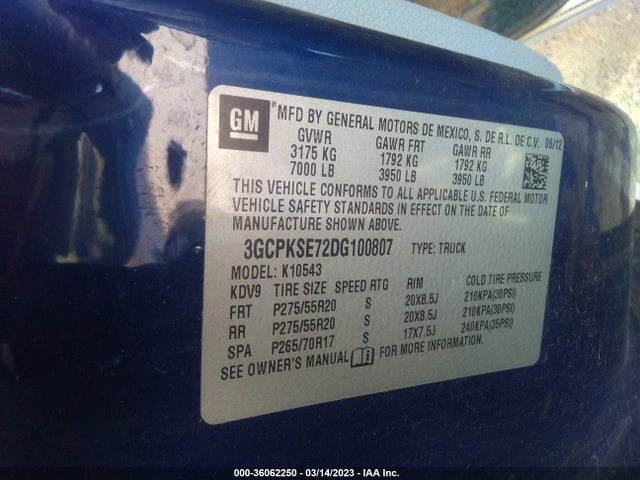 2013 CHEVROLET SILVERADO 1500 LT VIN: 3GCPKSE72DG100807