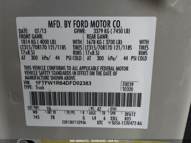 2013 FORD F-150 SVT RAPTOR VIN: 1FTFW1R64DFD02383