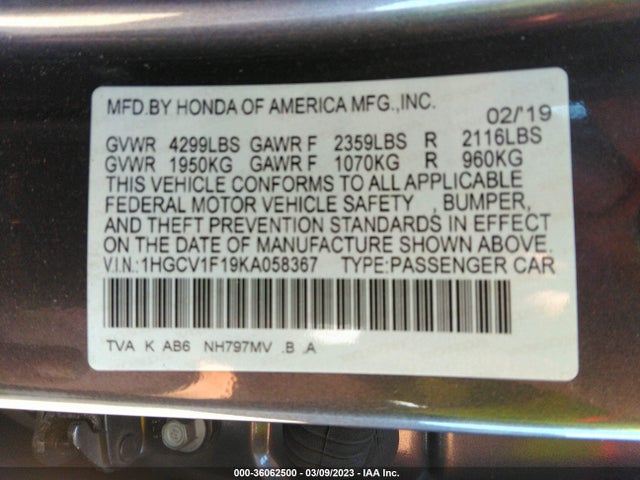 2019 HONDA ACCORD SEDAN LX 1.5T VIN: 1HGCV1F19KA058367