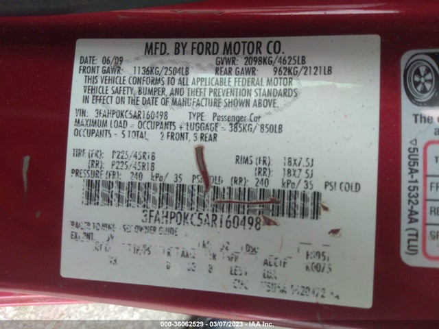 2010 FORD FUSION SPORT VIN: 3FAHP0KC5AR160498