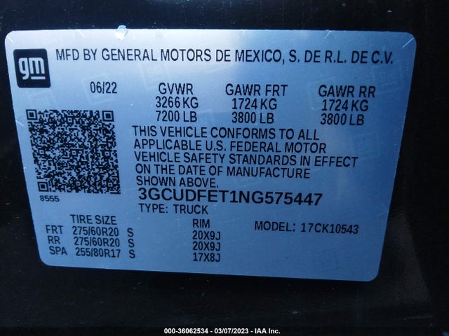 2022 CHEVROLET SILVERADO 1500 LT TRAIL BOSS VIN: 3GCUDFET1NG575447