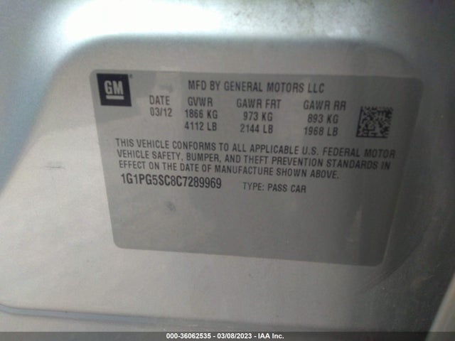 2012 CHEVROLET CRUZE LT W/2LT VIN: 1G1PG5SC8C7289969