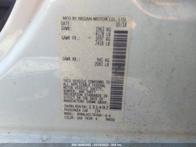 2019 NISSAN ALTIMA 2.5 SV VIN: 1N4BL4DV3KC131492