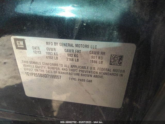2013 CHEVROLET CRUZE 2LT VIN: 1G1PE5SB8D7199557
