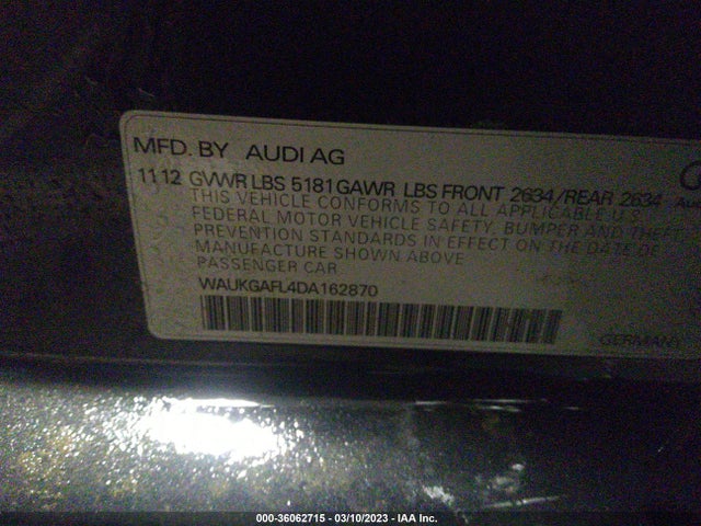 2013 AUDI S4 PRESTIGE VIN: WAUKGAFL4DA162870