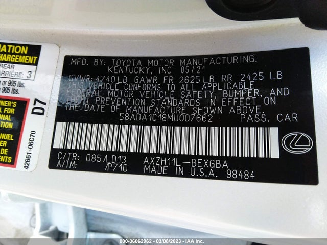 2021 Lexus ES, VIN: 58ADA1C18MU007662