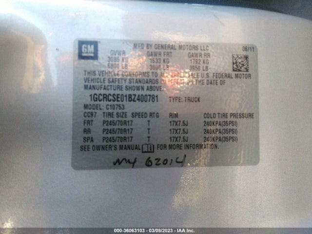 2011 CHEVROLET SILVERADO 1500 LT VIN: 1GCRCSE01BZ400781