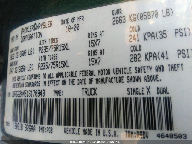 Dodge Dakota Sport/slt 2001 1B7GG2AN51S170943 Image 10