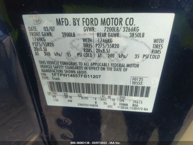 2007 FORD F-150 XLT/FX4/LARIAT/KING RANCH VIN: 1FTPW14557FB11207