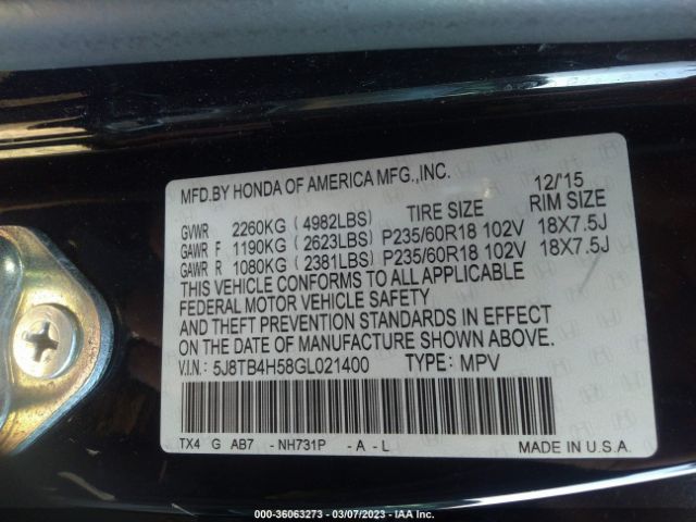 5J8TB4H58GL021400 Acura Rdx Tech Pkg/tech
