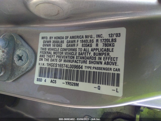 2004 HONDA CIVIC LX VIN: 1HGES16574L009664