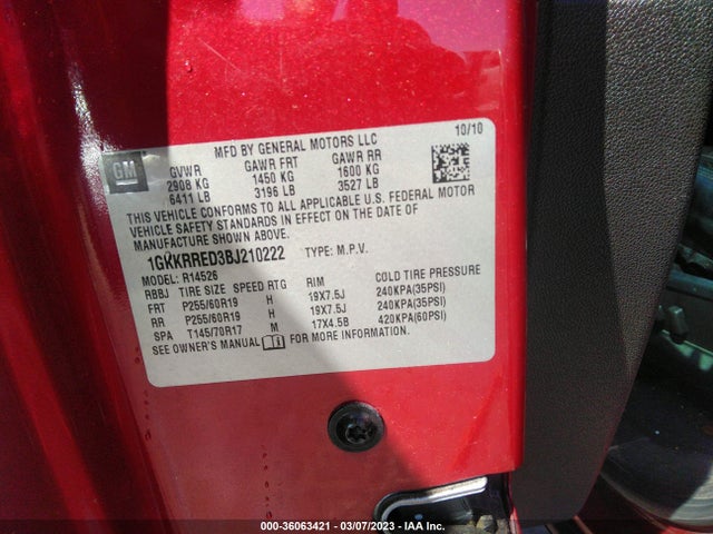 GMC Acadia Slt1 2011 1GKKRRED3BJ210222 Image 11
