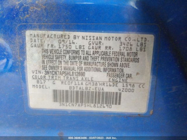 3N1CN7AP5HL812690 Nissan Versa Sedan S/s Plus/sl/sv