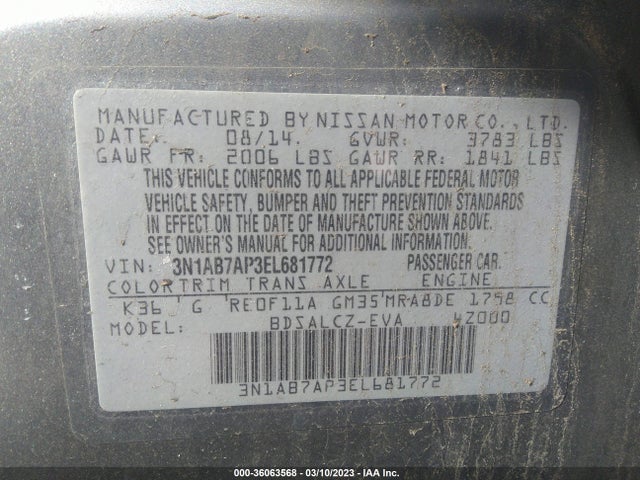 2014 NISSAN SENTRA S VIN: 3N1AB7AP3EL681772