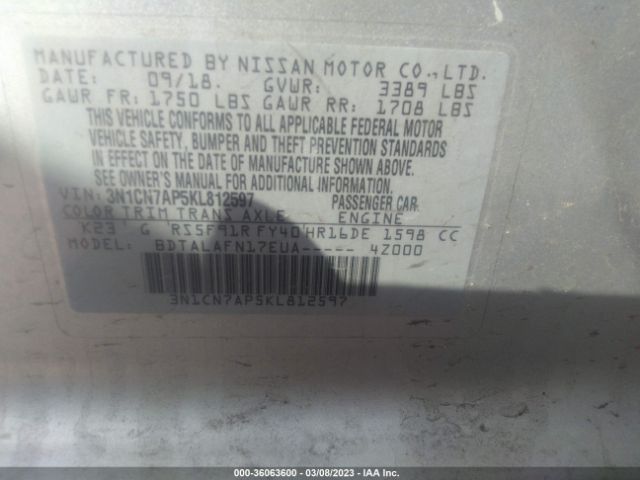 3N1CN7AP5KL812597 Nissan Versa Sedan S