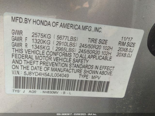 5J8YD4H54JL004049 Acura Mdx W/technology Pkg