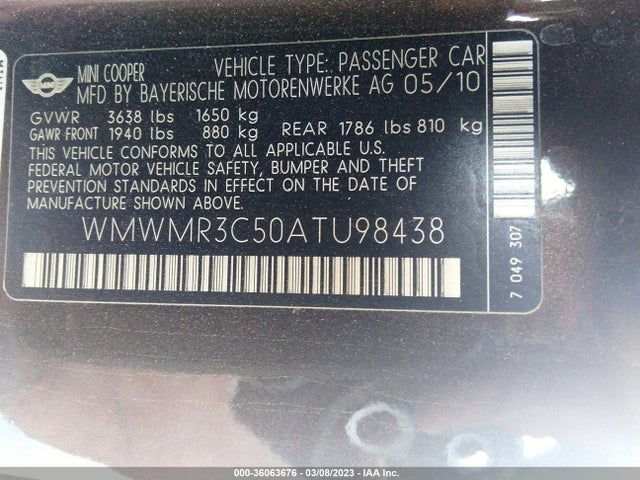 WMWMR3C50ATU98438 Mini COOPER CONVERTIBLE