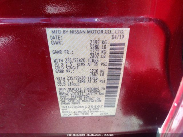 5N1AZ2MS0KN129567 Nissan Murano Platinum