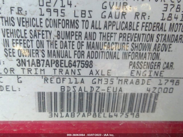 2014 NISSAN SENTRA S/FE+ S/SV/FE+ SV/SR/SL VIN: 3N1AB7AP8EL647598
