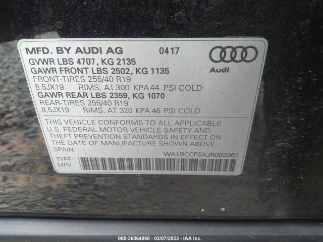 WA1BCCFSXJR003361 Audi Q3 Premium/sport Premium