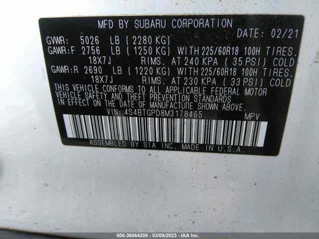 4S4BTGPD8M3178465 Subaru Outback Touring Xt