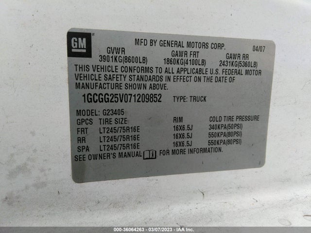 2007 CHEVROLET EXPRESS CARGO VAN VIN: 1GCGG25V071209852