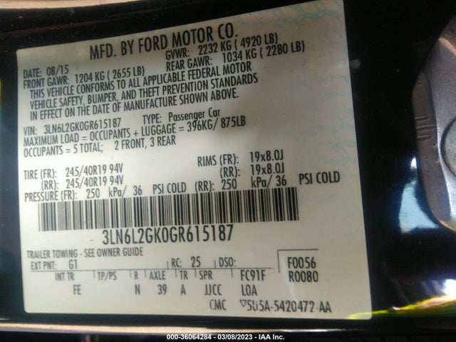 Продаж на аукціоні авто 2016 Lincoln Mkz, vin: 3LN6L2GK0GR615187, номер лоту: 36064284