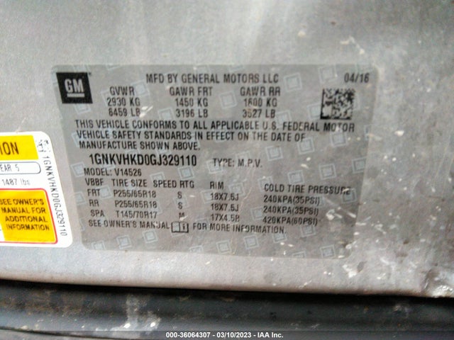 Chevrolet Traverse Lt 2016 1GNKVHKD0GJ329110 Image 10