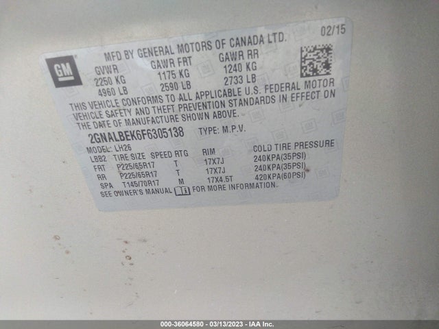 Chevrolet EQUINOX LT 2015 2GNALBEK6F6305138 Image 9