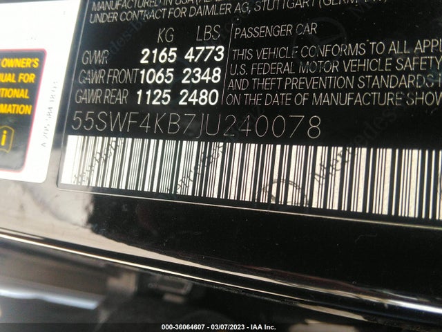 2018 Mercedes-Benz C-Class, VIN: 55SWF4KB7JU240078