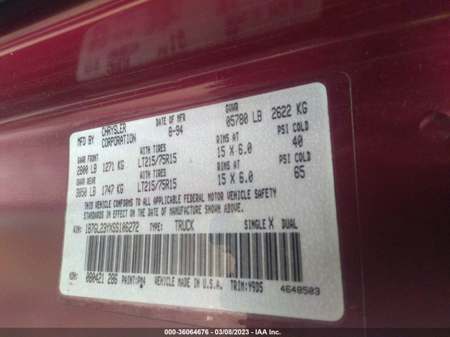 1995 DODGE DAKOTA VIN: 1B7GL23YXSS106272