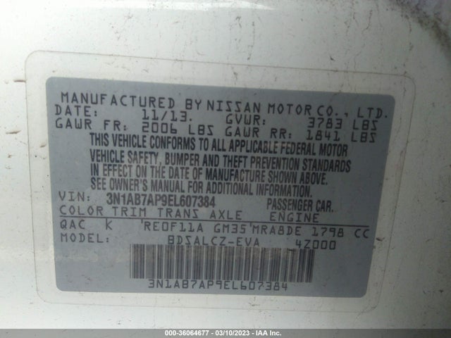 2014 NISSAN SENTRA S VIN: 3N1AB7AP9EL607384