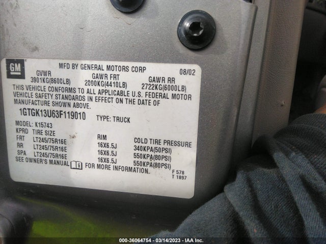 2003 GMC SIERRA 1500HD SLE VIN: 1GTGK13U63F119010